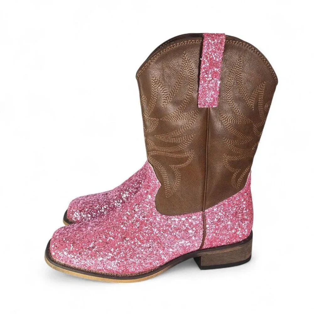 Rollda Sparkle Pink Glitter Faux Leather Western Cowboy Boots NZX38 Youth‎ 5